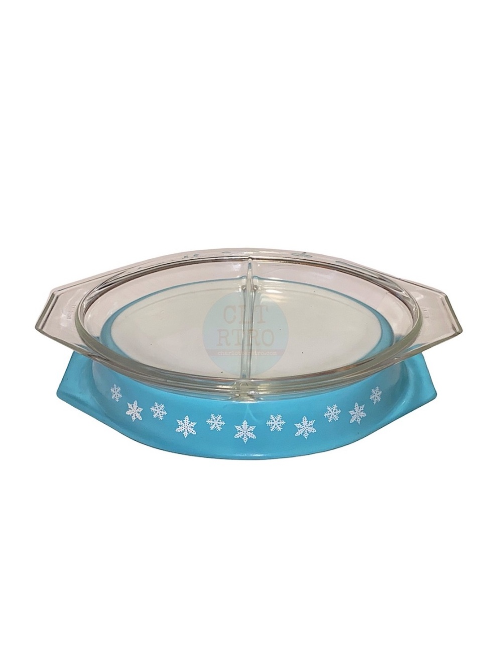 vtg Pyrex Cinderella Snowflake Divided Casserole Dish w Lid